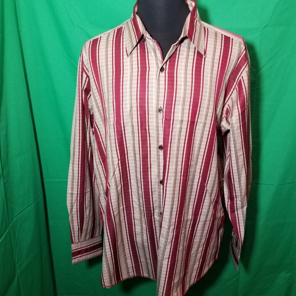 Tommy Bahama Red Tan Striped Long Sleeve Button Up Silk Cotton Men's XL Retro